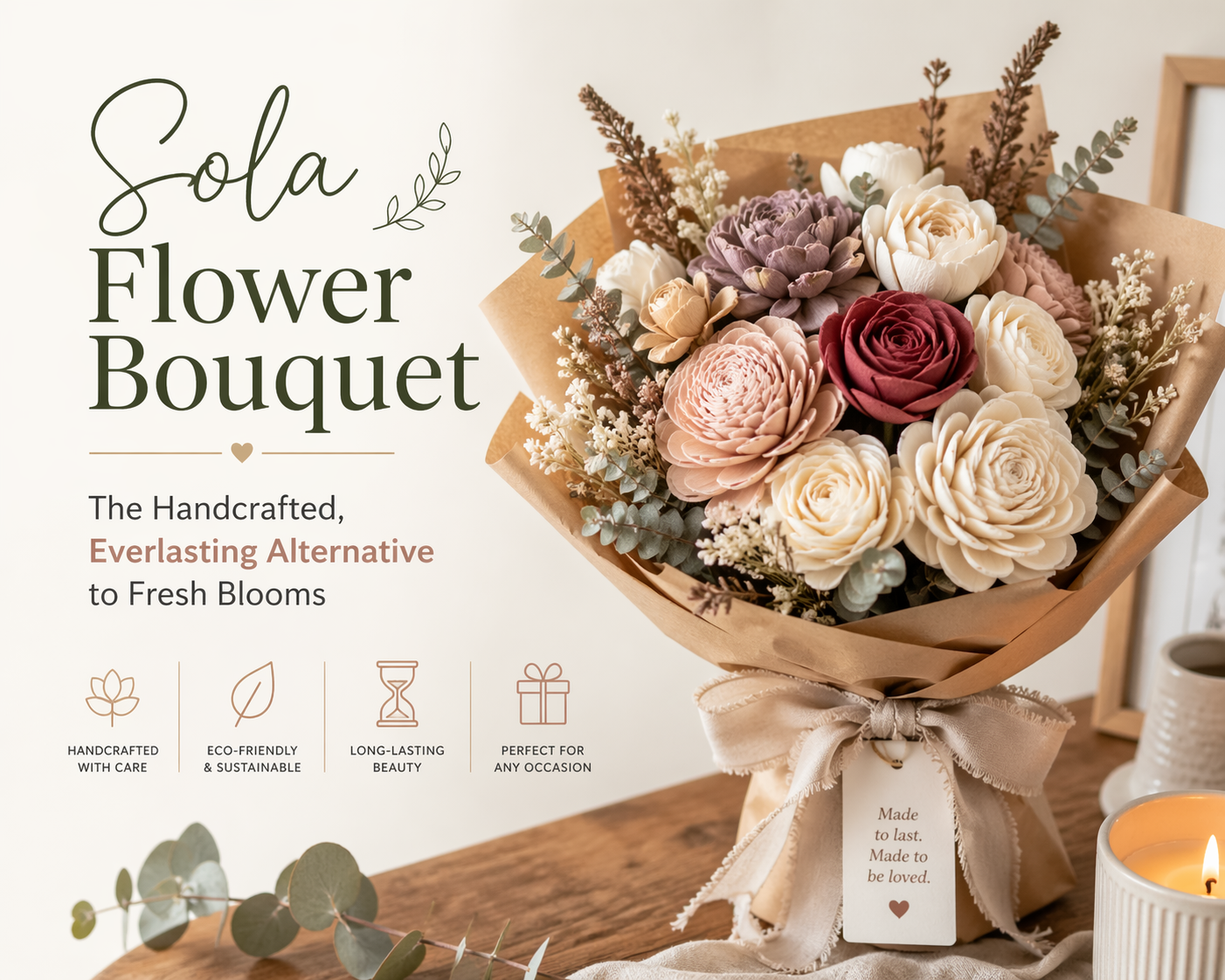 Sola flower bouquet — handcrafted ivory, blush, mauve and burgundy sola roses with dried eucalyptus and kraft wrap, Floralmongers