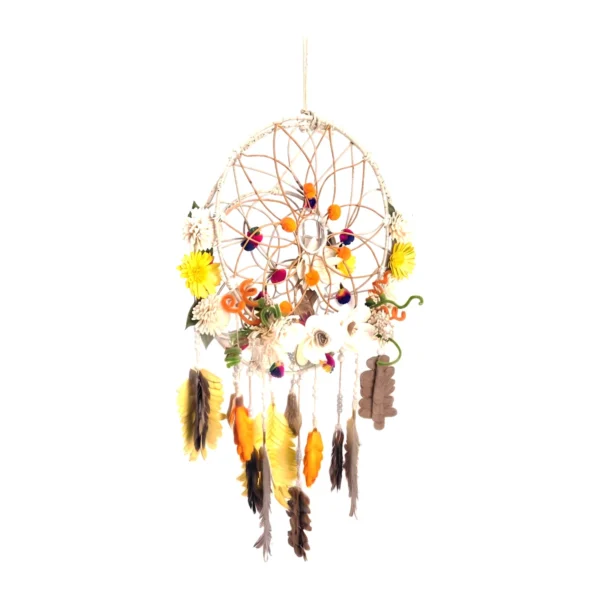 Mixed AR01: a handmade dreamcatcher-style wall hanging built on a pale cane hoop with a woven string web