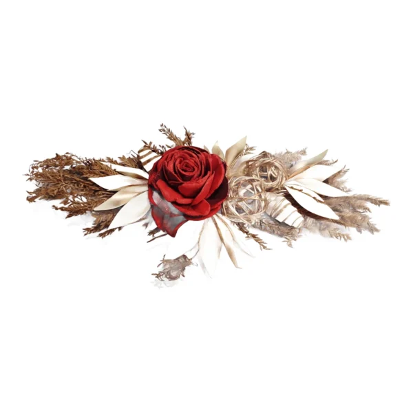Rose AR12: a horizontal dried spray centred on a large red sola rose, flanked by cream-and-gold pointed leaves
