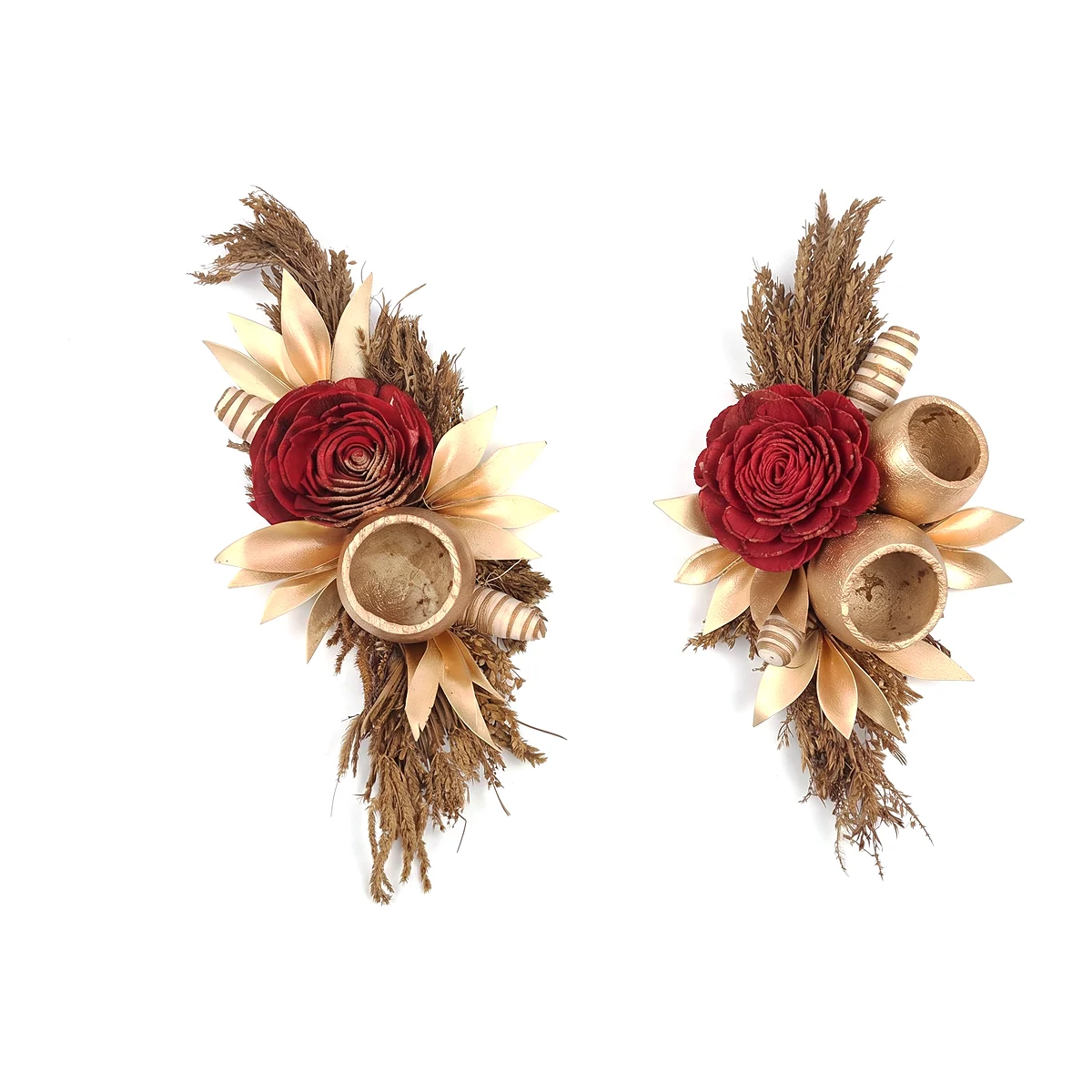 Rose – Bell Cup – Grass AR13: a vertical sola arrangement combining a red sola rose, gold-painted bell cups and leaves