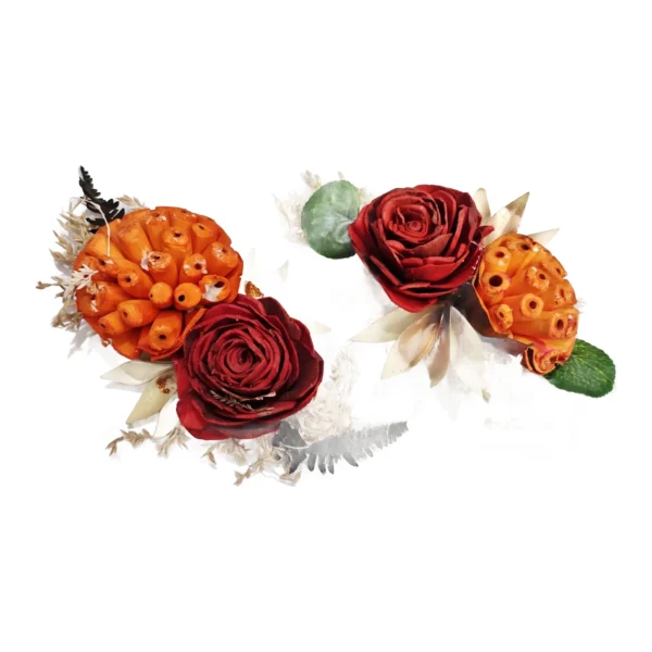 Rode – Sola AR14: a pair of bright sola arrangements pairing deep red sola roses with orange-dyed dried seed heads