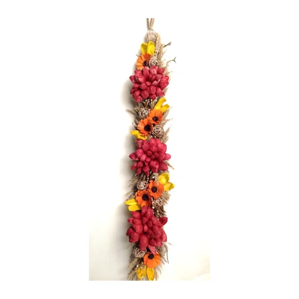Toran AR15: a vertical sola toran with crimson layered sola flowers, orange sola daisies