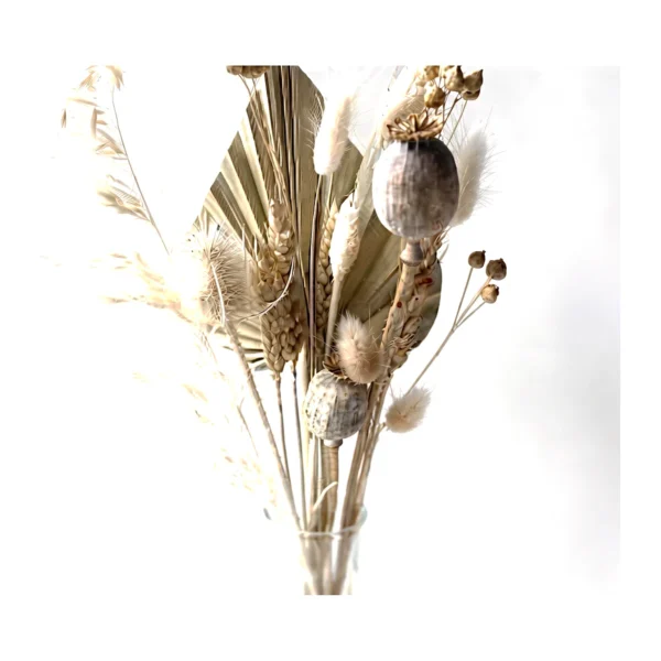 Naturals AR27: a neutral dried bouquet of palm fan, wheat ears, fluffy bunny-tail grasses