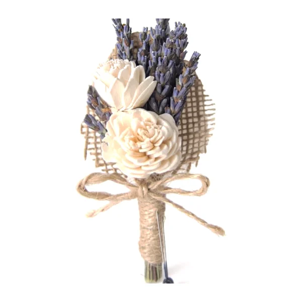 Jute Mixed AR29: a small hand-tied posy of dried lavender and ivory sola flowers backed with jute hessian