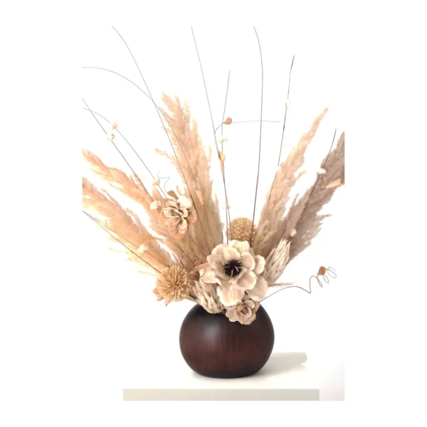 Simple Wood Arrangement AR30: a dried arrangement in a round, dark-stained wooden pot