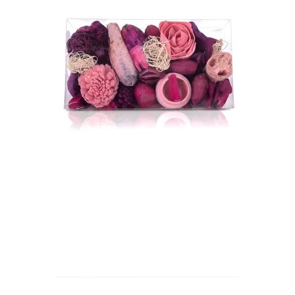 Boxed Potpourri Assortment AR38: a clear gift box filled with pink and purple dried botanicals