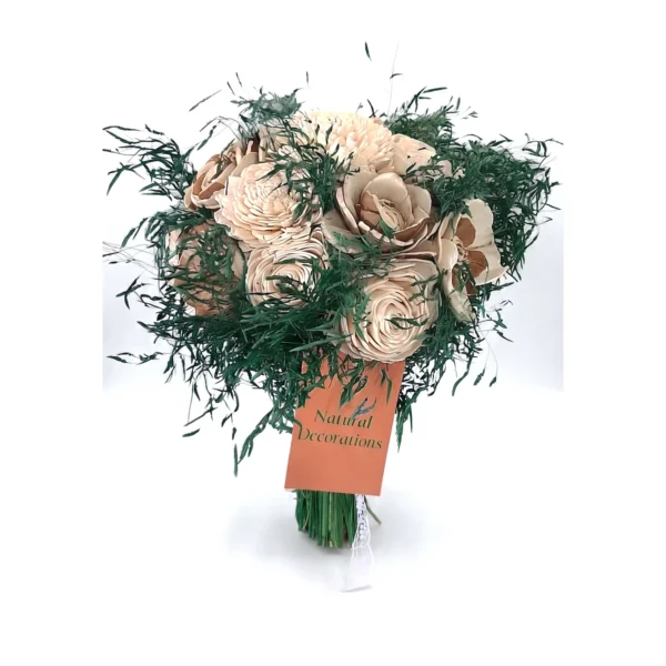 Arrangement AR40: a rounded hand-tied bouquet of blush and peach-cream sola flowers