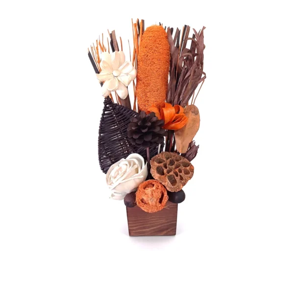 Arrangement AR42: a tall dried arrangement in a square wooden pot, combining an orange-dyed loofah spear, a lotus pod