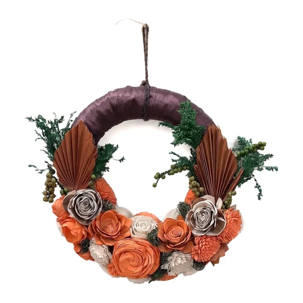 Arrangement AR44: a half-dressed wreath with a plum fabric-wrapped ring