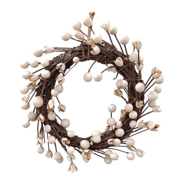 Arrangement AR45: a natural brown twig wreath bristling with cream round ball heads and small open bud forms on fine stems