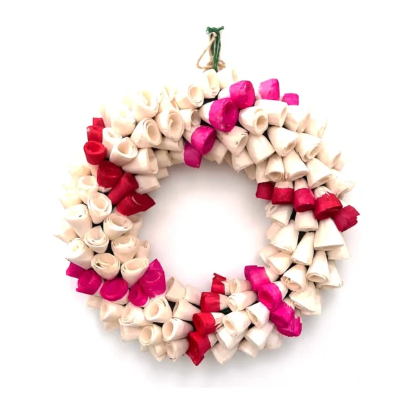 Arrangement AR47: a densely packed wreath of rolled, cone-shaped sola flowers in ivory