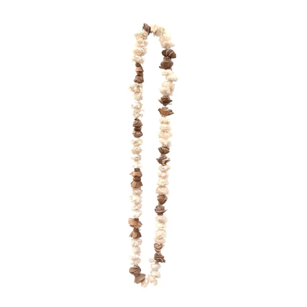 Arrangement AR48: a long strand garland of fluffy ivory sola flowers alternating with tan-brown sola roses