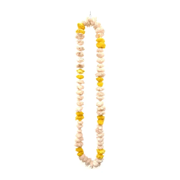 Arrangement AR50: handmade sola flower garland with rows of small cream blooms punctuated by pairs of yellow-dyed flowers