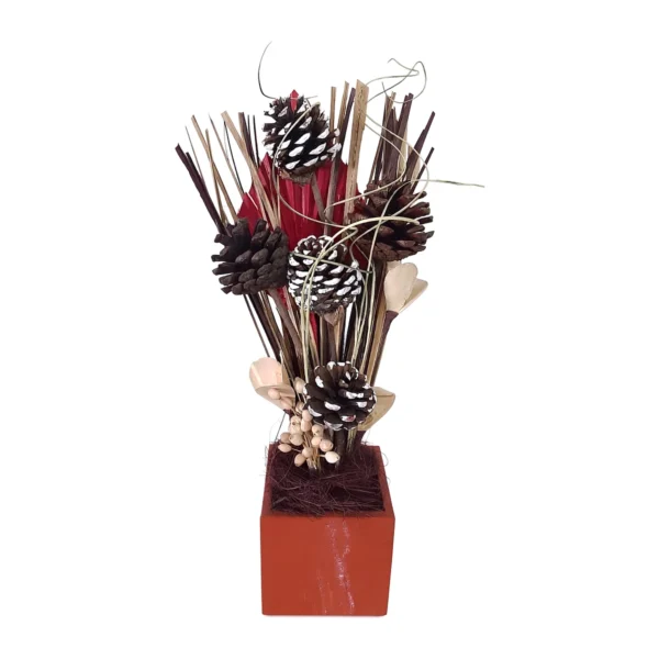 Arrangement AR53: tall dried arrangement of pine cones, a red-dyed palm spear, brown sticks and natural sola flowers