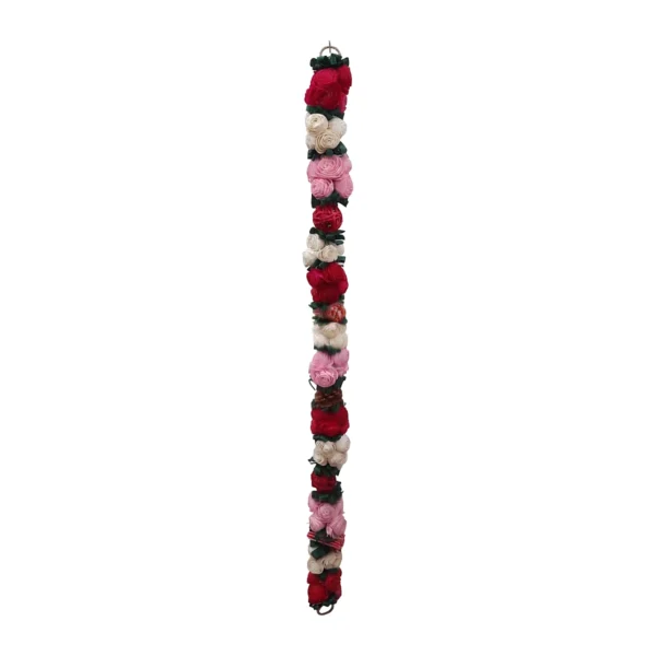 Arrangement AR55: a straight hanging strand of small handmade sola roses in red, pink and cream