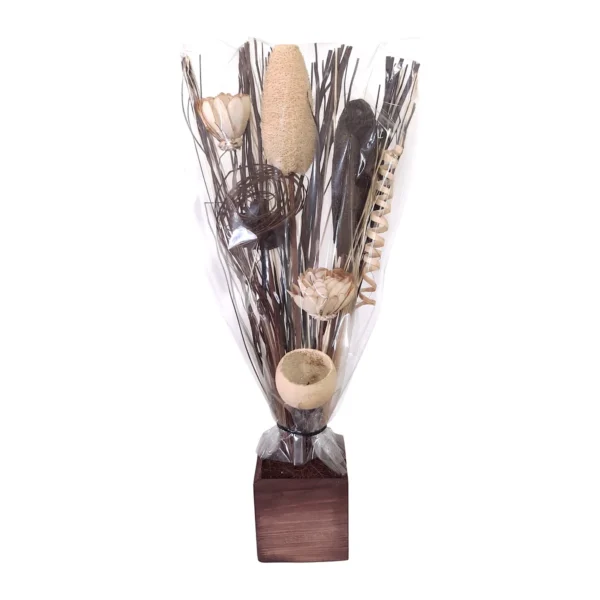 Arrangement AR59: tall natural-toned arrangement featuring a whole loofah on a stick, a dark elongated pod, a cane ball