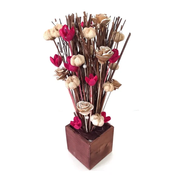 Arrangement AR60: dense bundle of brown twigs studded with magenta-dyed sola flowers, natural sola roses