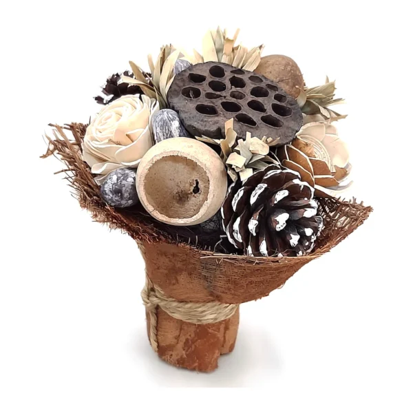Arrangement AR61: dome of dried lotus pod, white-tipped pine cone, bell-cup pod, sola roses and speckled pods