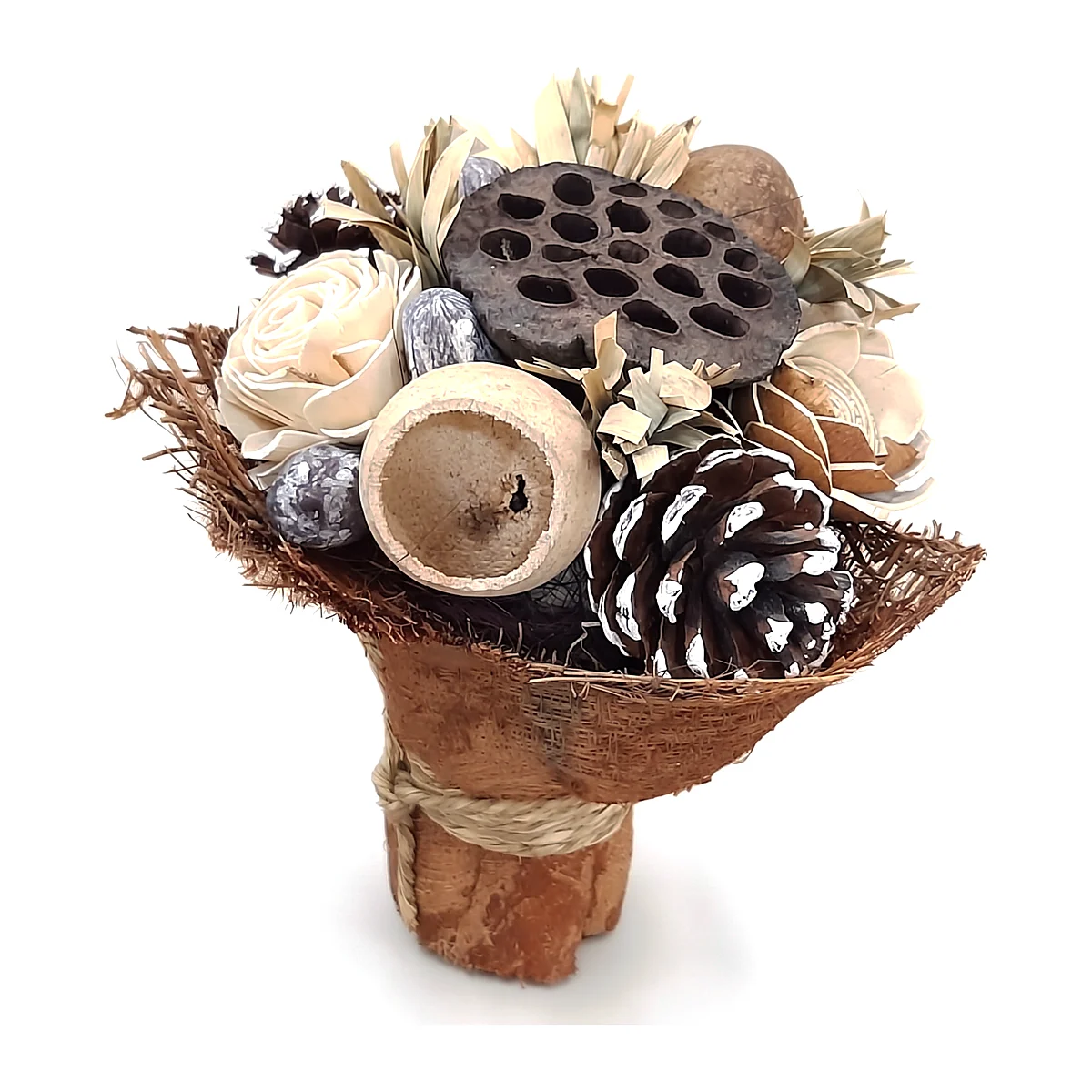 Arrangement AR61: dome of dried lotus pod, white-tipped pine cone, bell-cup pod, sola roses and speckled pods
