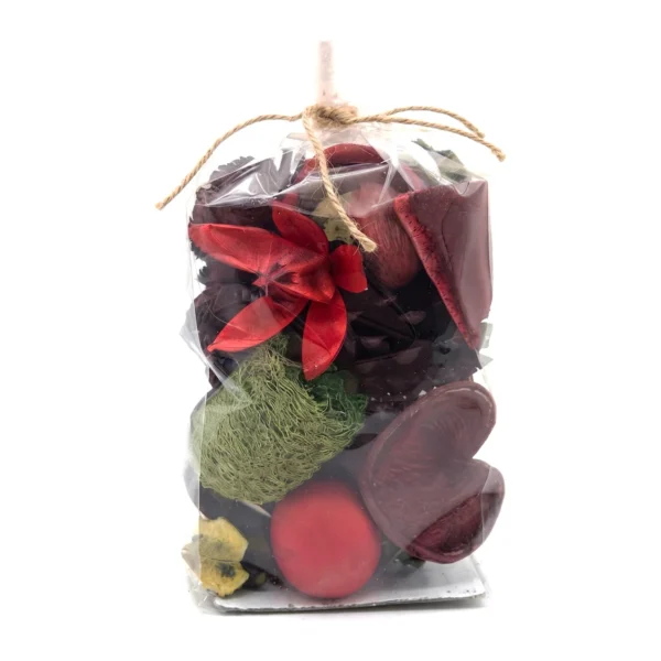 Arrangement AR62: gift bag of red and burgundy potpourri – dyed star-shaped flowers, heart-shaped pods