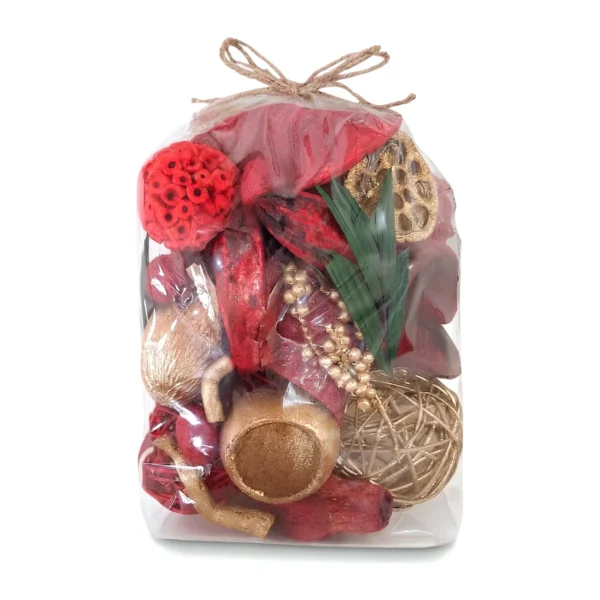 Arrangement AR64: festive potpourri bag of red-dyed pods and leaves with gold-painted lotus pod, bell cup