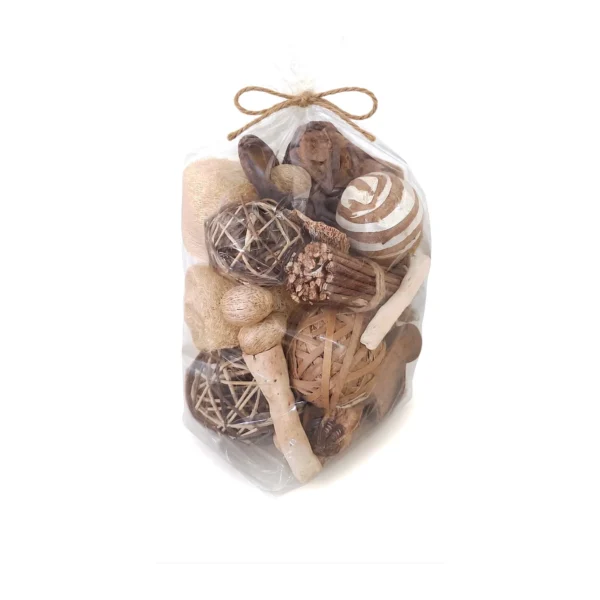 Arrangement AR66: all-natural potpourri gift bag of cane and rattan balls, loofah pieces, a striped carved ball