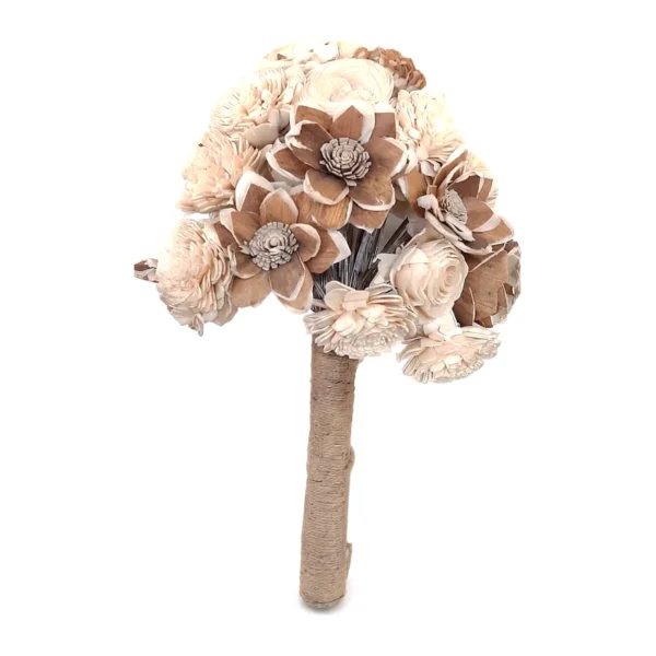 Arrangement AR67: round hand-tied bouquet of cream sola flowers and two-tone brown-and-cream lotus-style blooms