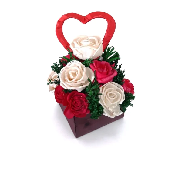 Arrangement AR71: square wooden box filled with cream and red-dyed sola roses and green feathery foliage