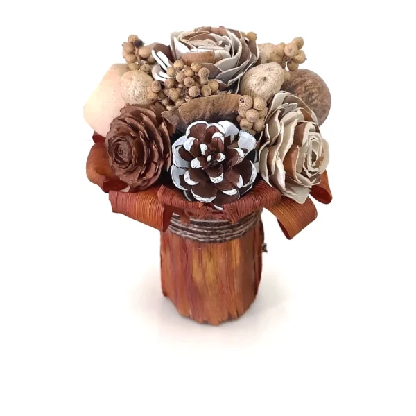 Arrangement AR72: rustic domed arrangement of a cedar-rose cone, white-tipped pine cone, sola roses