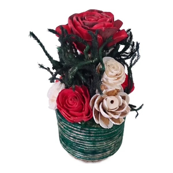 Arrangement AR73: festive arrangement of red-dyed and cream sola roses with green feathery foliage in a pot