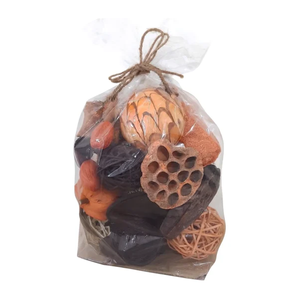 Arrangement AR74: autumn potpourri gift bag of orange and chocolate-brown dyed pods, a lotus pod head