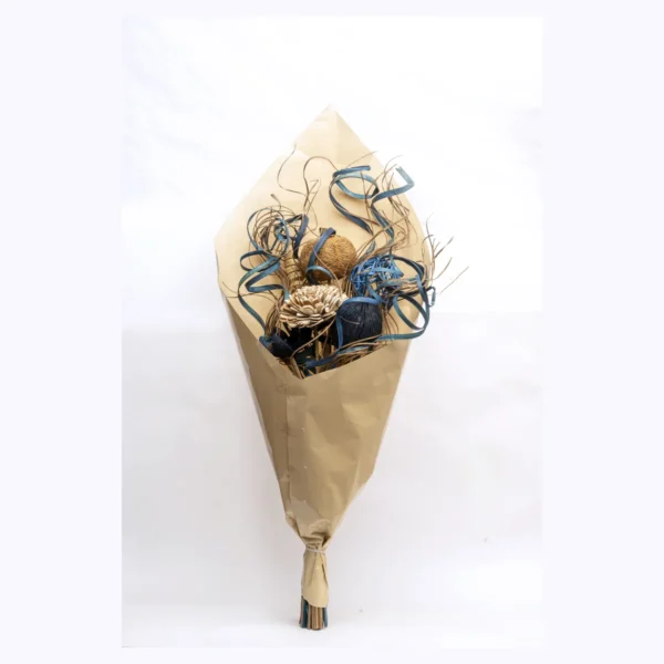 Kraft-Wrapped Dried Bouquet – Blue AR79: a kraft-wrapped dried bouquet in blue, navy and natural tones
