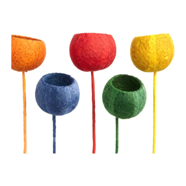 Pumpkin Cup Coloured Stick EX18: a round dried cup pod dyed in bright shades — orange, blue, red