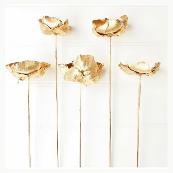 Gold Mushroom with Stick EX52: a dried decorative mushroom cap painted metallic gold and mounted on a slim stick