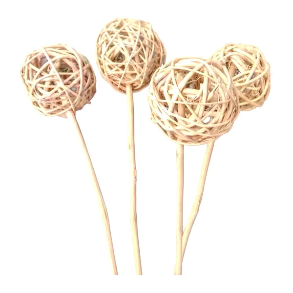 Lata Ball with Stick HM03: a handmade, loosely wound vine ball in natural pale cane tone, mounted on a long slender stick