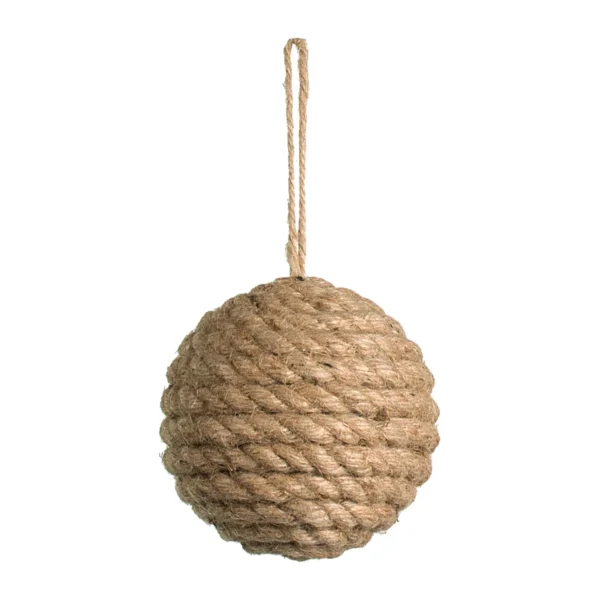 Jute Rope Ball HM04: a handmade décor ball wrapped in thick, twisted natural jute rope with a jute hanging loop