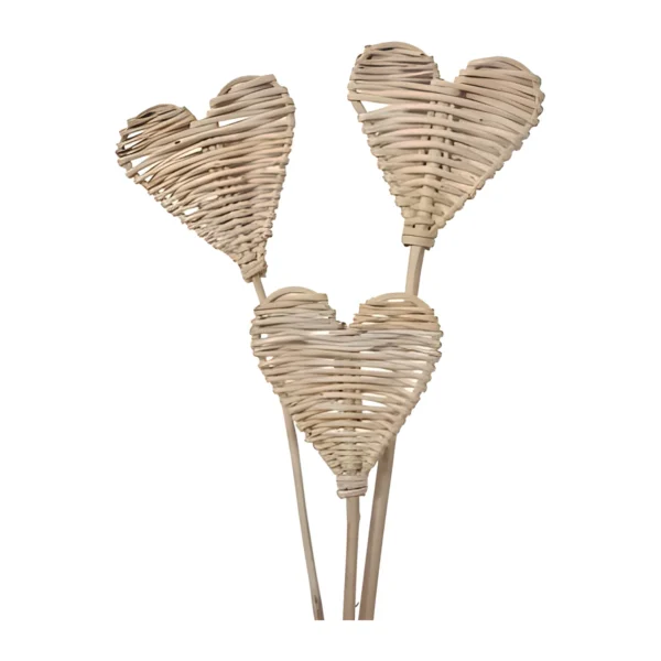 Lata Heart HM11: a handmade heart woven from pale natural vine and mounted on a slim stick