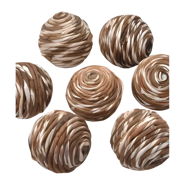 Sola Rope Ball – Marbled Brown & White HM14: a handmade décor ball coiled with twisted rope-like strands of sola in swirling brown and white tones