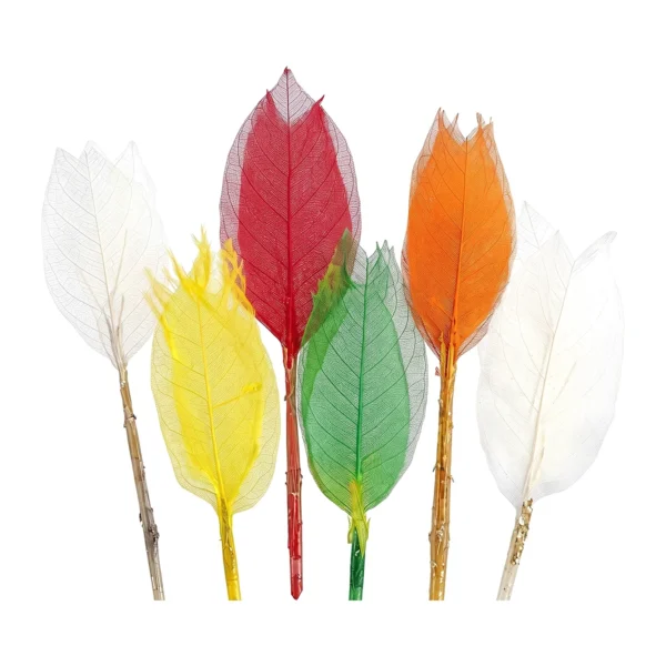 Magnolia Net with Stick LE01: skeletonised magnolia leaves fixed on slim sticks, supplied in dyed red, orange