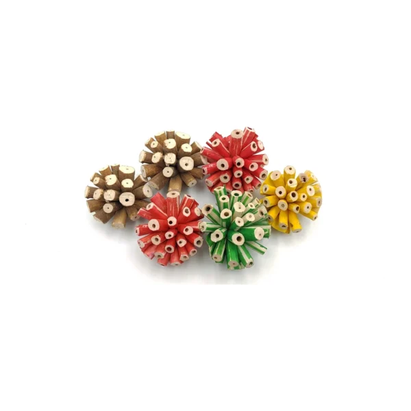 Mouchak MI04: balls built from short, hollow stick pieces set radially so their cut ends face outward like a honeycomb