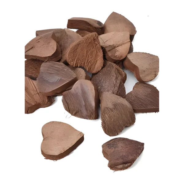 Coco Heart PO06: heart shapes cut from natural coconut shell and husk, showing smooth brown faces and fibrous edges