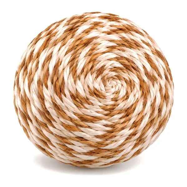 Sola Rope Ball – Ivory & Tan SO04: a handmade sphere wound from twisted sola cord in alternating ivory and tan strands