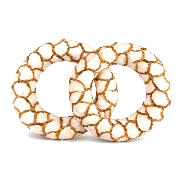 Sola Ring SO06: a plump, ivory sola ring overlaid with a tan twisted-cord lattice