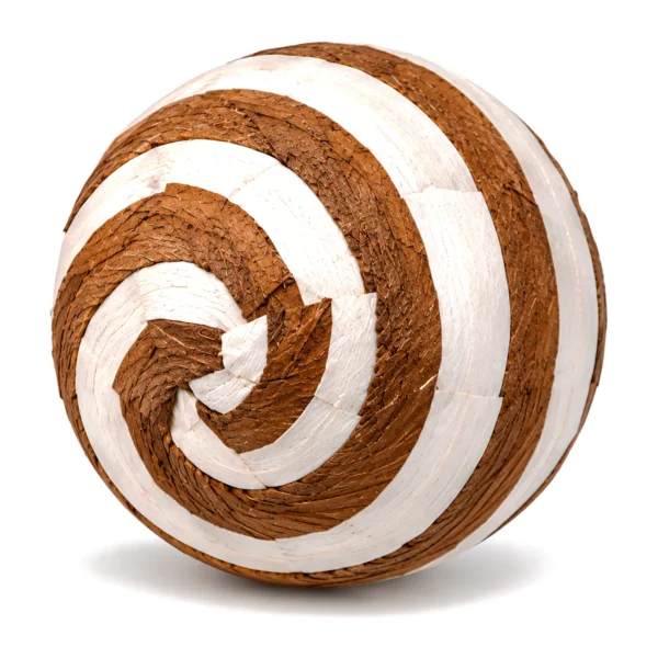 Sola Zebra Circle Ball SO07: a handmade sphere banded in smooth white sola and textured brown sola skin