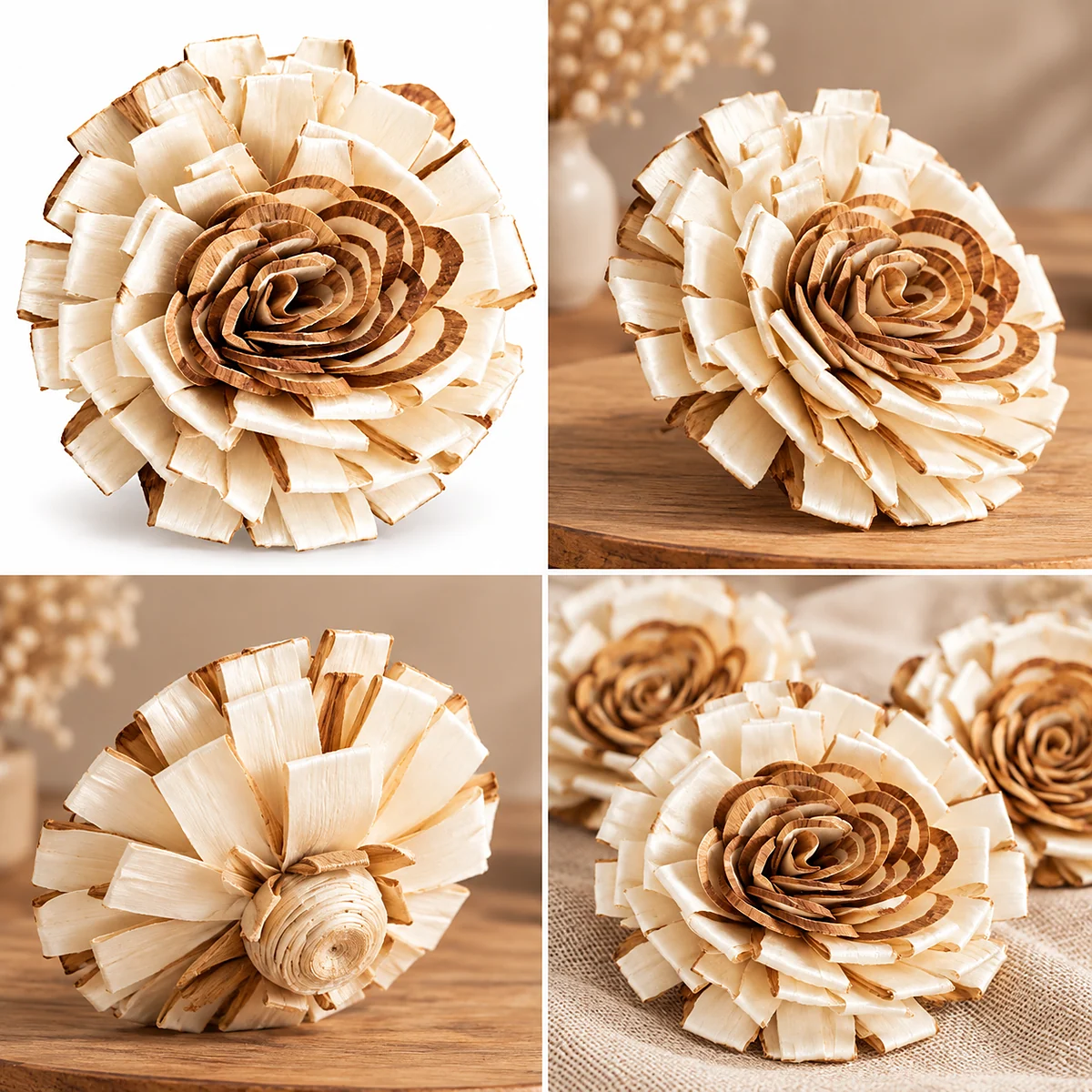 Sola Kadom Center Brown SO08: a ruff of square-cut ivory sola petals with a coiled, brown-edged rose centre – view 2