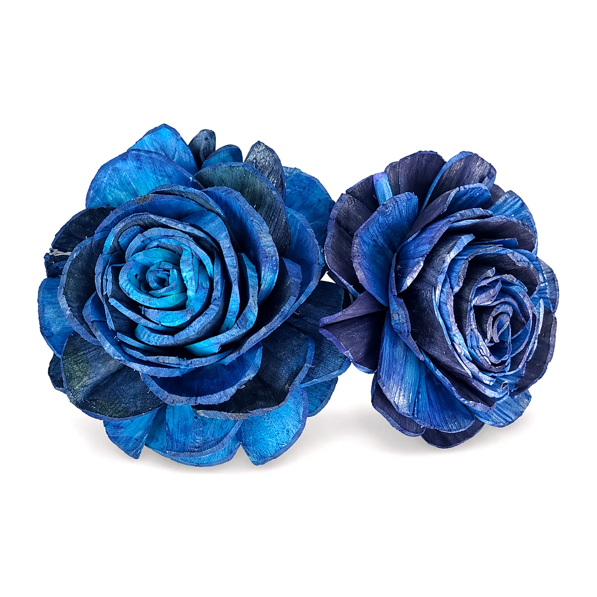 Sola Blue Rose SO10: a hand-shaped sola rose dyed in rich, mottled blues from bright turquoise to deep navy