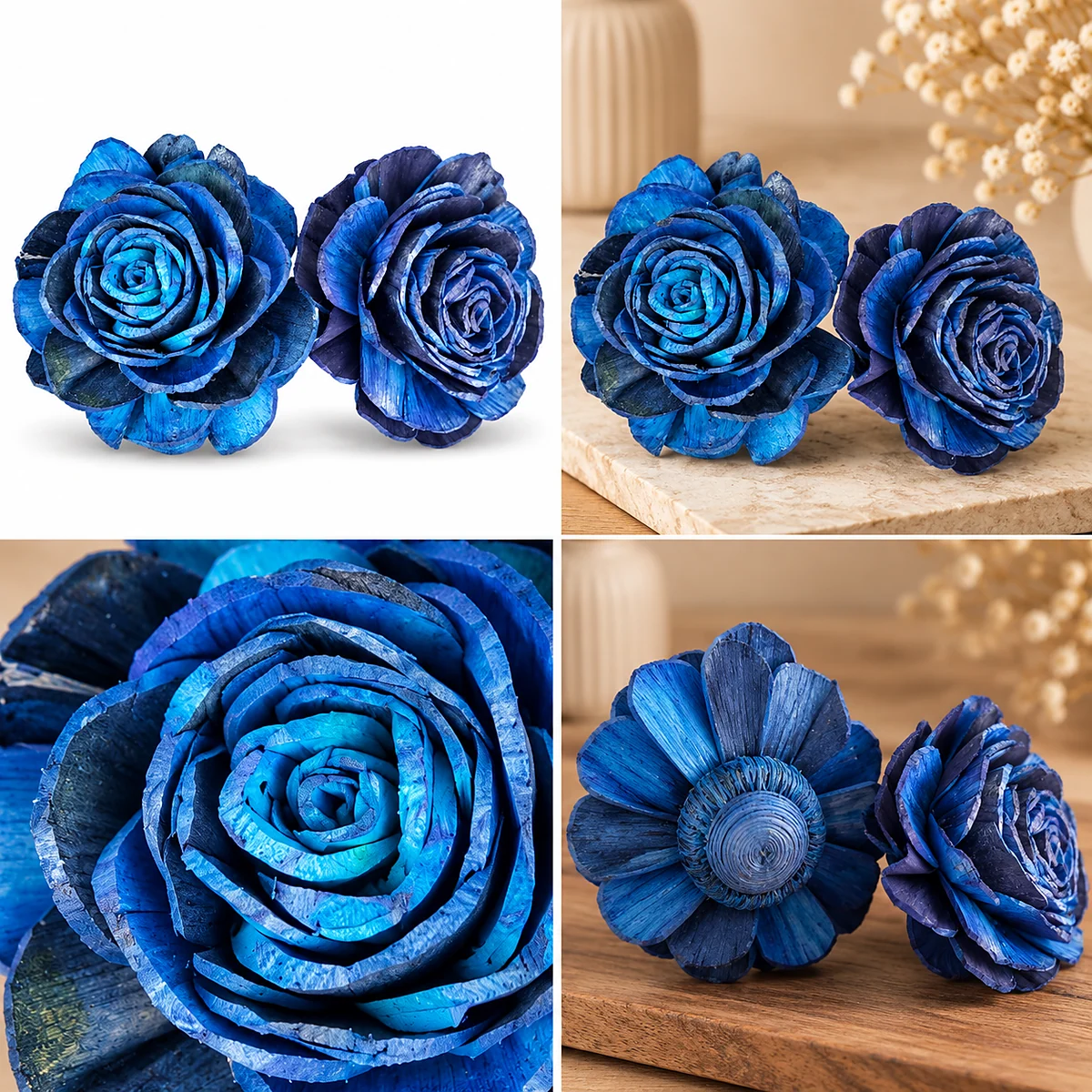 Sola Blue Rose SO10: a hand-shaped sola rose dyed in rich, mottled blues from bright turquoise to deep navy – view 2