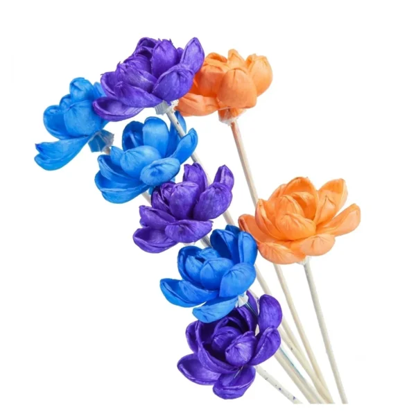 Sola Lotus on Stick – Dyed Colours SO102: cupped, lotus-style sola flowers dyed vivid blue, violet and orange