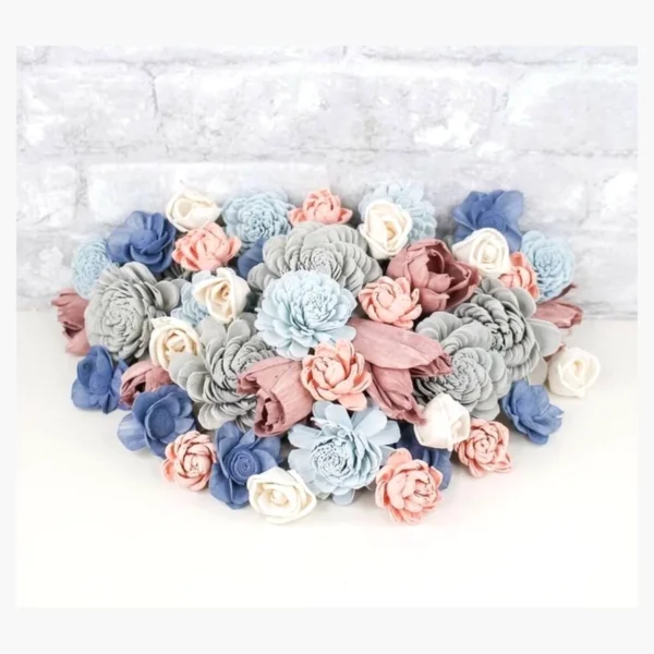 Sola Flower Assortment – Dusty Blue & Blush SO103: a loose, stemless mix of dyed and natural sola flowers in dusty blue