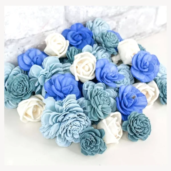 Sola Flower Assortment – Blue & Ivory SO104: a mixed pack of stemless handmade sola flowers in royal blue, powder blue